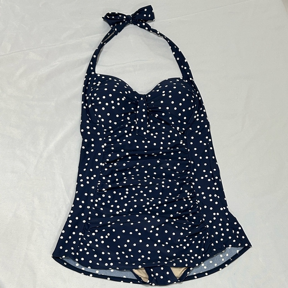 Merona Halter Navy Polka Dot Tankini size Padded Bra with Ruched sides